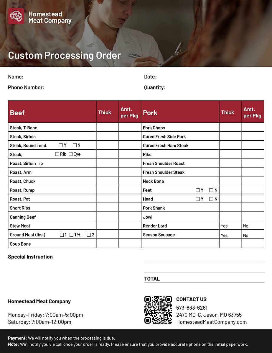 Inprocessing Form Designs Custom Processing | Homestead Meat Company