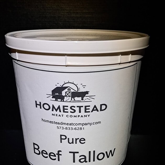 Homestead Meat Company pure beef tallow for cooking and skincare.